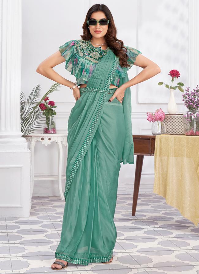 Shimmer Georgette Aqua Green Party Wear Embroidery Work Ready To Wear Saree